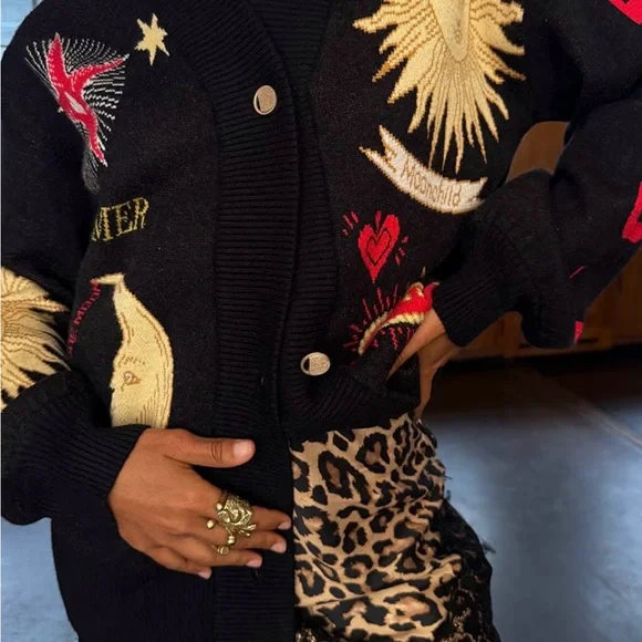 Never Fully Dresses Black  Cardigan with Sun and Moon Embroidery. Size XS. - Picture 3 of 4